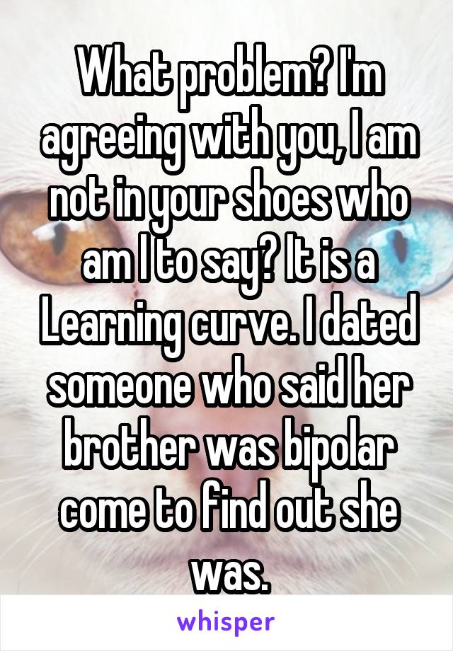 What problem? I'm agreeing with you, I am not in your shoes who am I to say? It is a Learning curve. I dated someone who said her brother was bipolar come to find out she was.