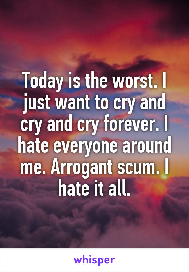 Today is the worst. I just want to cry and cry and cry forever. I hate everyone around me. Arrogant scum. I hate it all.