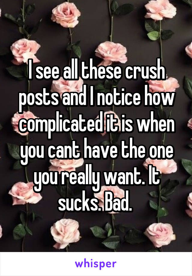 I see all these crush posts and I notice how complicated it is when you cant have the one you really want. It sucks. Bad. 