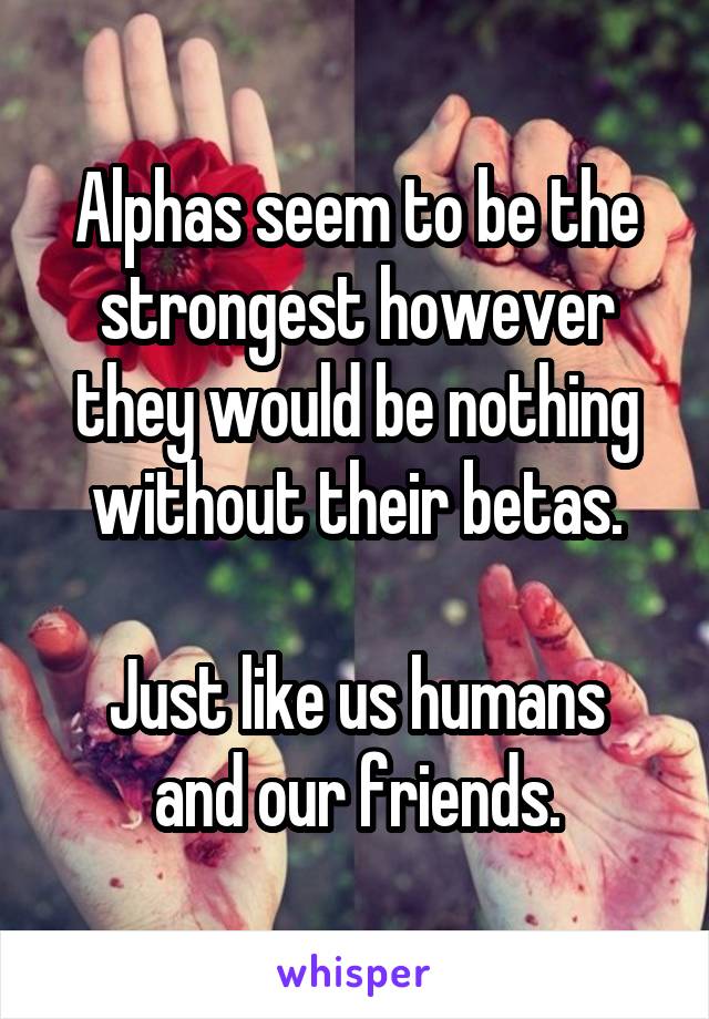 Alphas seem to be the strongest however they would be nothing without their betas.

Just like us humans and our friends.