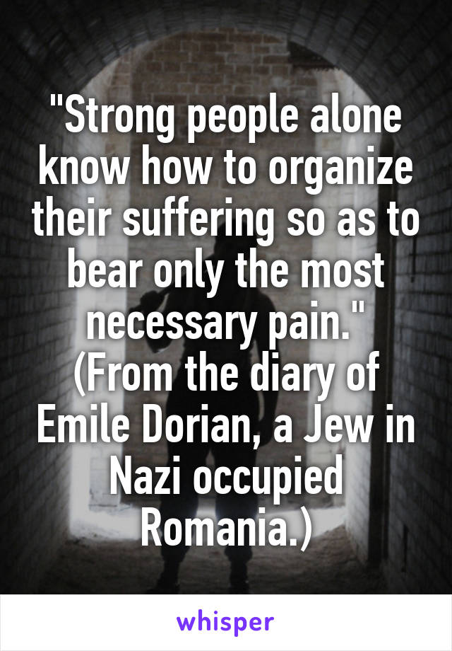 "Strong people alone know how to organize their suffering so as to bear only the most necessary pain."
(From the diary of Emile Dorian, a Jew in Nazi occupied Romania.)