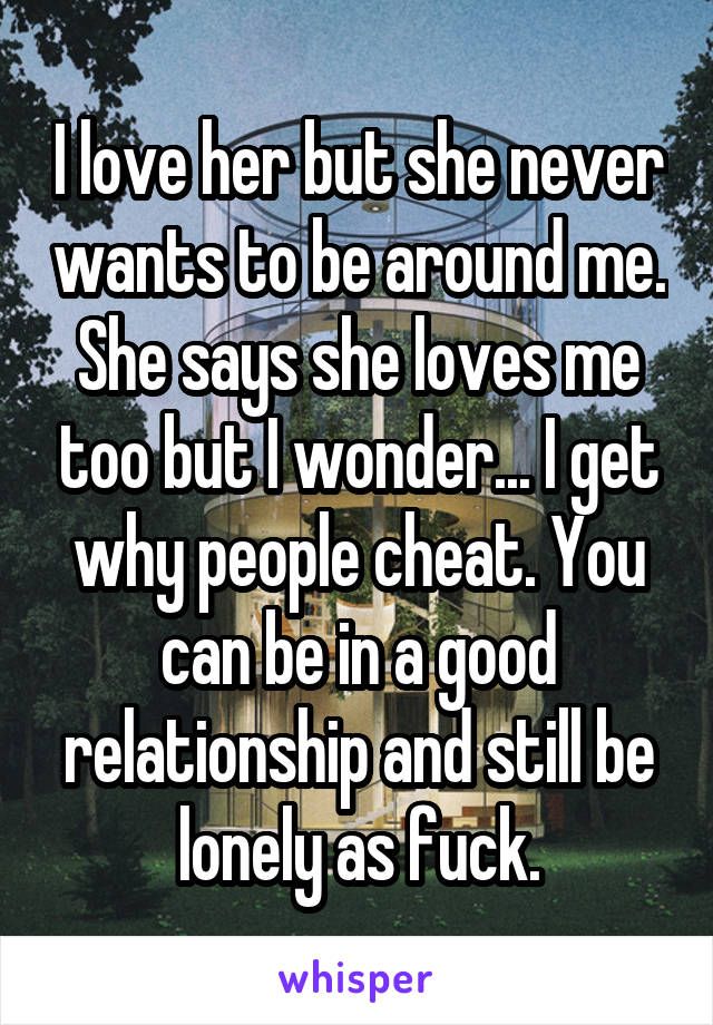 I love her but she never wants to be around me. She says she loves me too but I wonder... I get why people cheat. You can be in a good relationship and still be lonely as fuck.