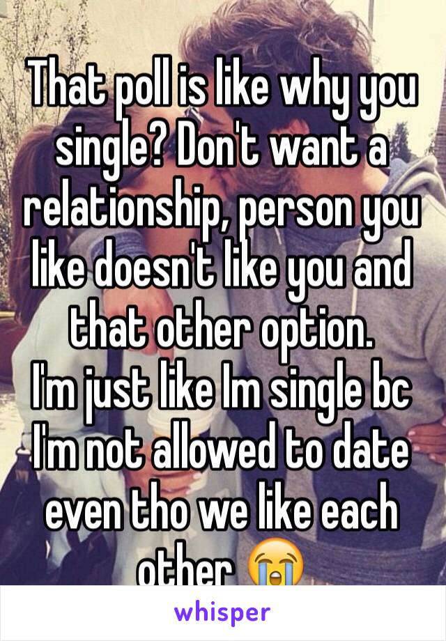 That poll is like why you single? Don't want a relationship, person you like doesn't like you and that other option. 
I'm just like Im single bc I'm not allowed to date even tho we like each other 😭 