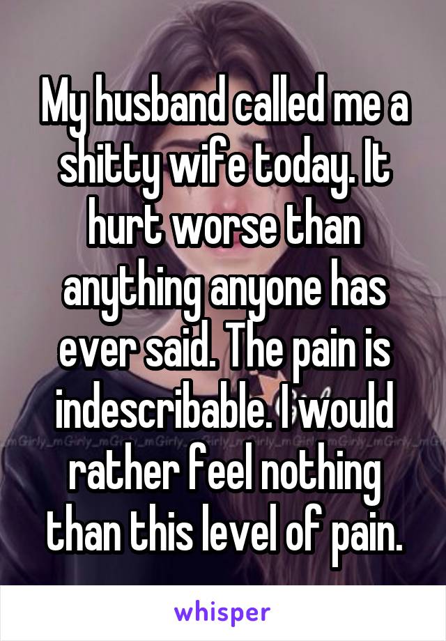 My husband called me a shitty wife today. It hurt worse than anything anyone has ever said. The pain is indescribable. I would rather feel nothing than this level of pain.