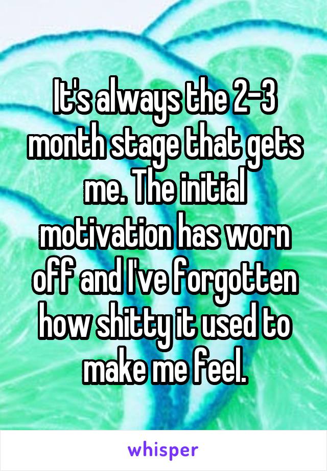 It's always the 2-3 month stage that gets me. The initial motivation has worn off and I've forgotten how shitty it used to make me feel.