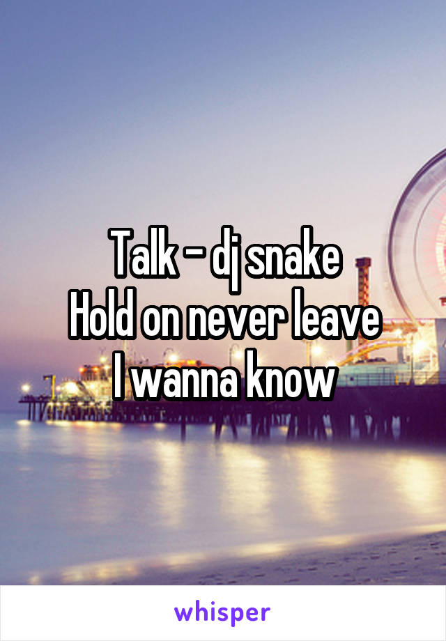 Talk - dj snake
Hold on never leave
I wanna know