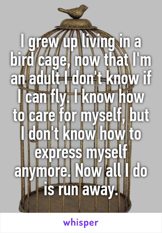 I grew up living in a bird cage, now that I'm an adult I don't know if I can fly. I know how to care for myself, but I don't know how to express myself anymore. Now all I do is run away.