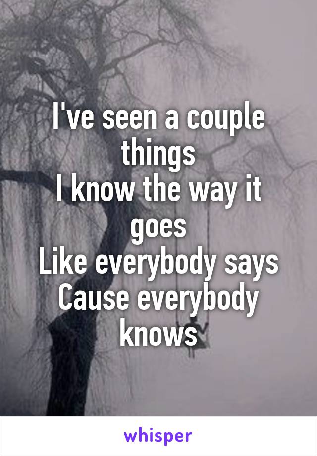 I've seen a couple things
I know the way it goes
Like everybody says
Cause everybody knows