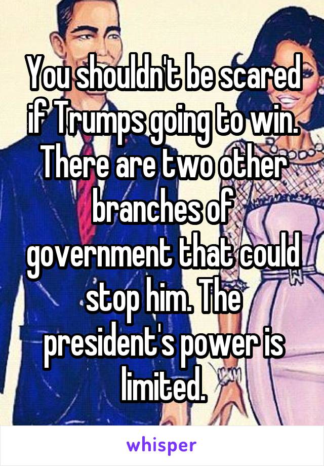 You shouldn't be scared if Trumps going to win. There are two other branches of government that could stop him. The president's power is limited.