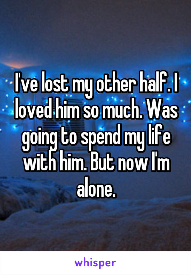 I've lost my other half. I loved him so much. Was going to spend my life with him. But now I'm alone.