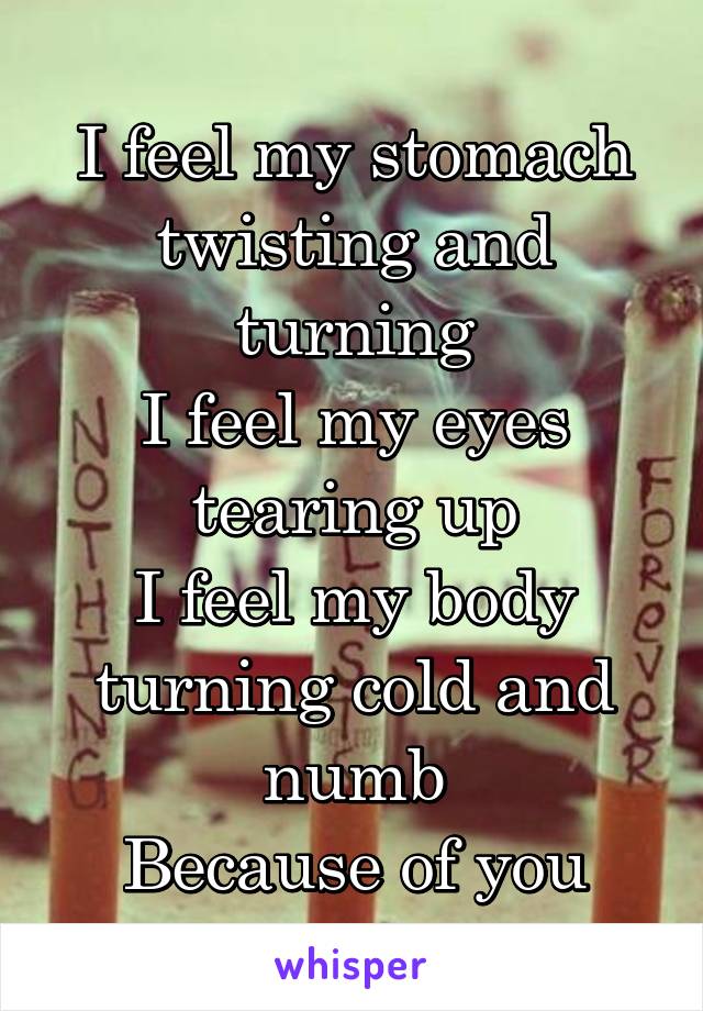 I feel my stomach twisting and turning
I feel my eyes tearing up
I feel my body turning cold and numb
Because of you