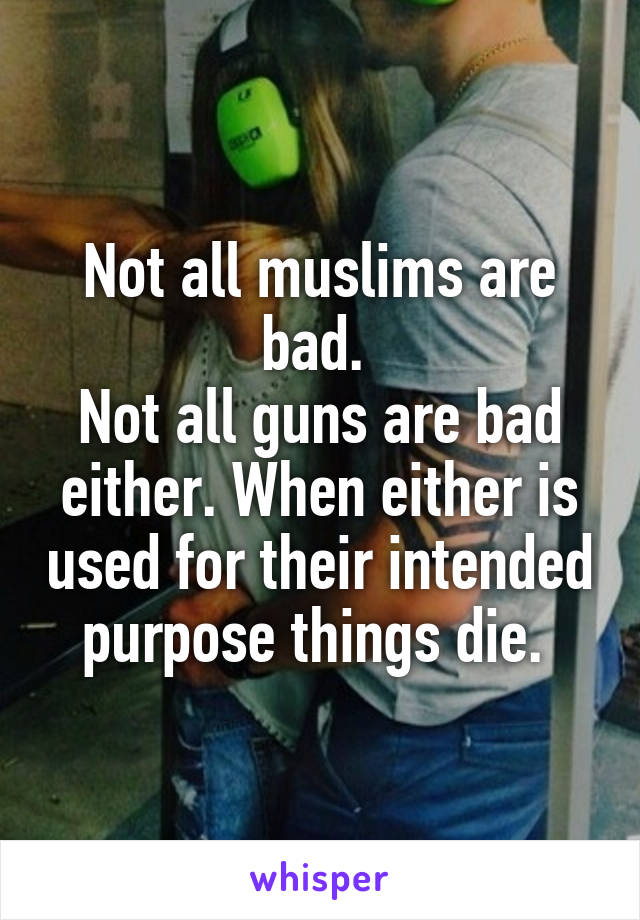 Not all muslims are bad. 
Not all guns are bad either. When either is used for their intended purpose things die. 