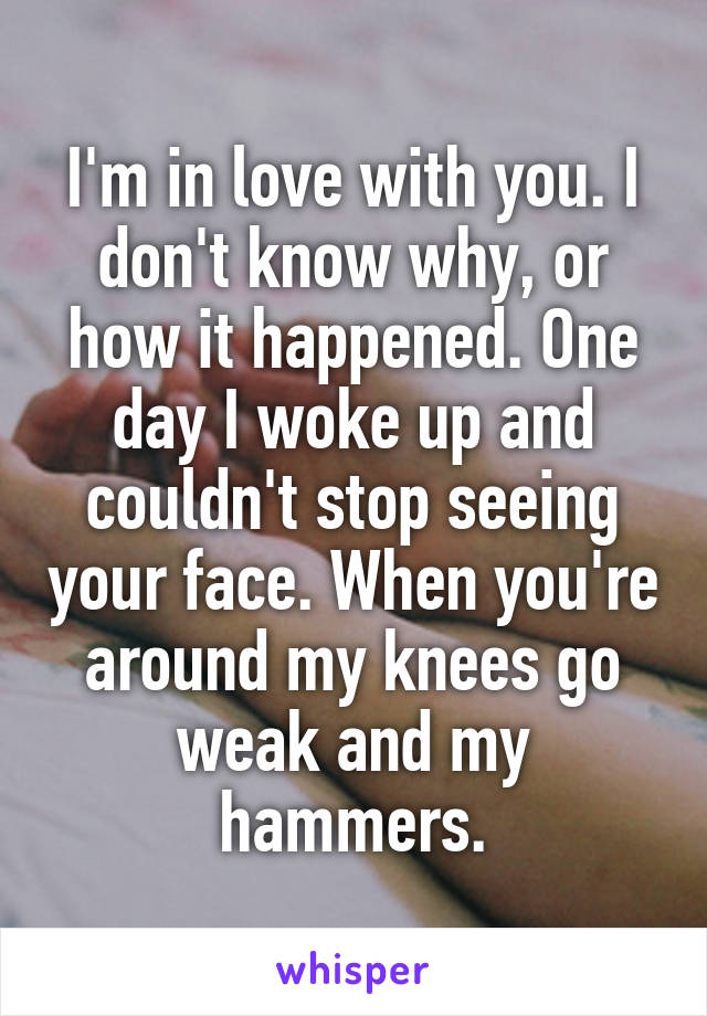 I'm in love with you. I don't know why, or how it happened. One day I woke up and couldn't stop seeing your face. When you're around my knees go weak and my hammers.