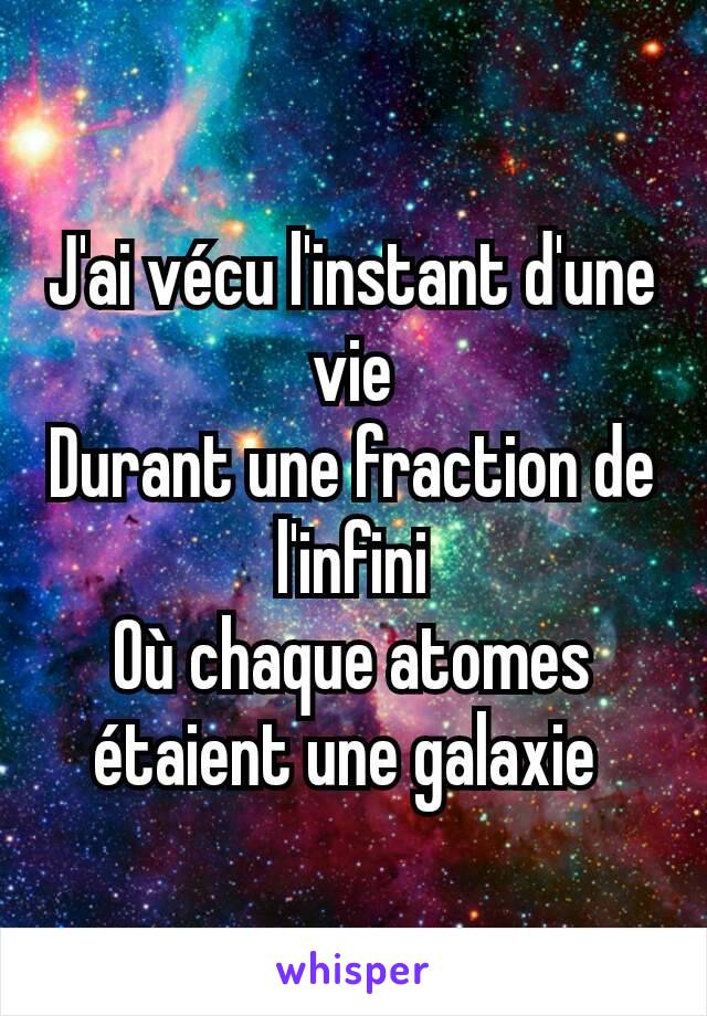 J'ai vécu l'instant d'une vie
Durant une fraction de l'infini
Où chaque atomes étaient une galaxie 