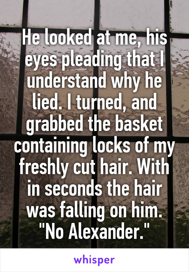 He looked at me, his eyes pleading that I understand why he lied. I turned, and grabbed the basket containing locks of my freshly cut hair. With in seconds the hair was falling on him. "No Alexander."