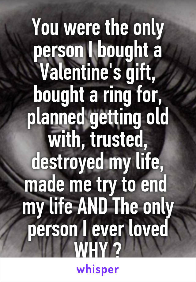 You were the only person I bought a Valentine's gift, bought a ring for, planned getting old with, trusted, destroyed my life, made me try to end  my life AND The only person I ever loved
WHY ?