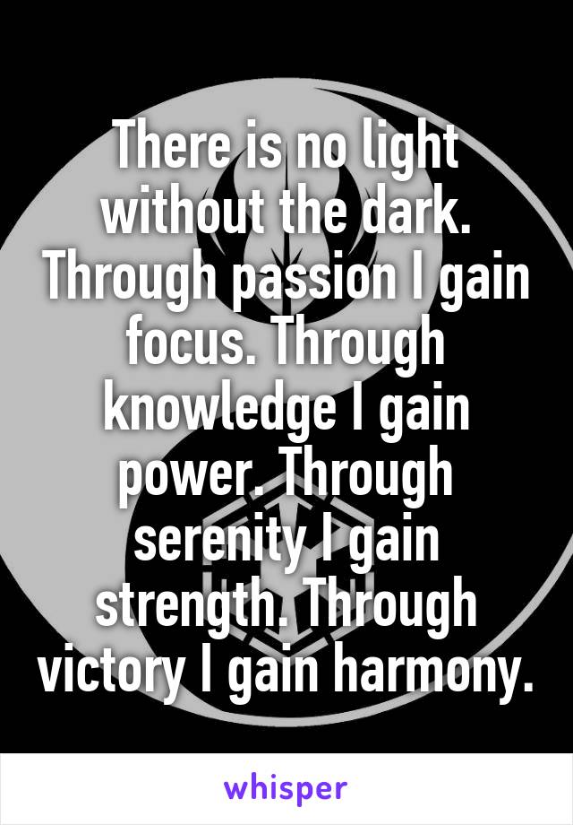 There is no light without the dark. Through passion I gain focus. Through knowledge I gain power. Through serenity I gain strength. Through victory I gain harmony.