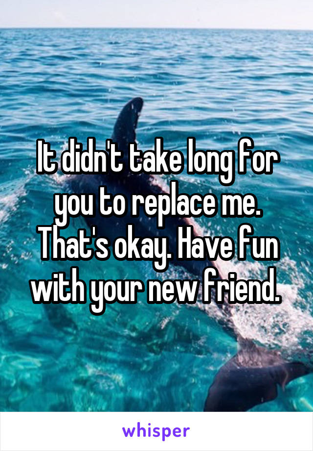 It didn't take long for you to replace me. That's okay. Have fun with your new friend. 