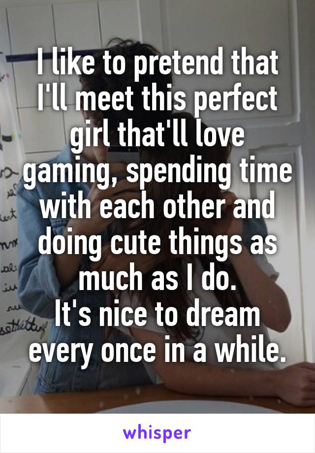 I like to pretend that I'll meet this perfect girl that'll love gaming, spending time with each other and doing cute things as much as I do.
It's nice to dream every once in a while.
