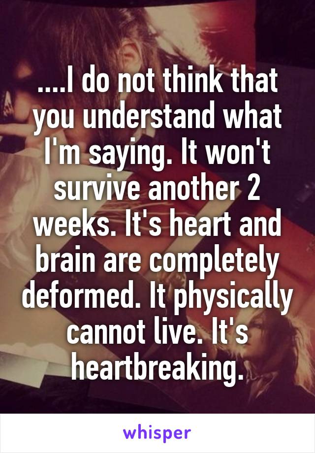 ....I do not think that you understand what I'm saying. It won't survive another 2 weeks. It's heart and brain are completely deformed. It physically cannot live. It's heartbreaking.