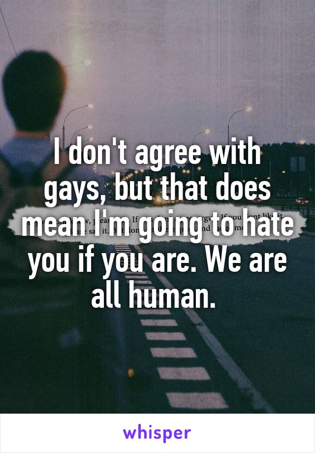 I don't agree with gays, but that does mean I'm going to hate you if you are. We are all human. 