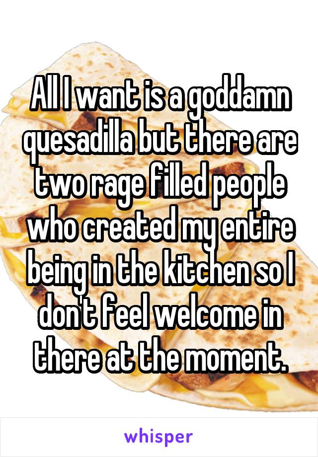 All I want is a goddamn quesadilla but there are two rage filled people who created my entire being in the kitchen so I don't feel welcome in there at the moment.