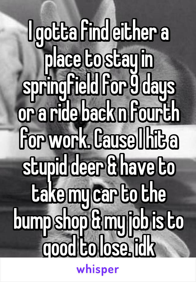 I gotta find either a place to stay in springfield for 9 days or a ride back n fourth for work. Cause I hit a stupid deer & have to take my car to the bump shop & my job is to good to lose. idk