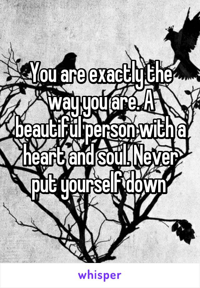 You are exactly the way you are. A beautiful person with a heart and soul. Never put yourself down 
