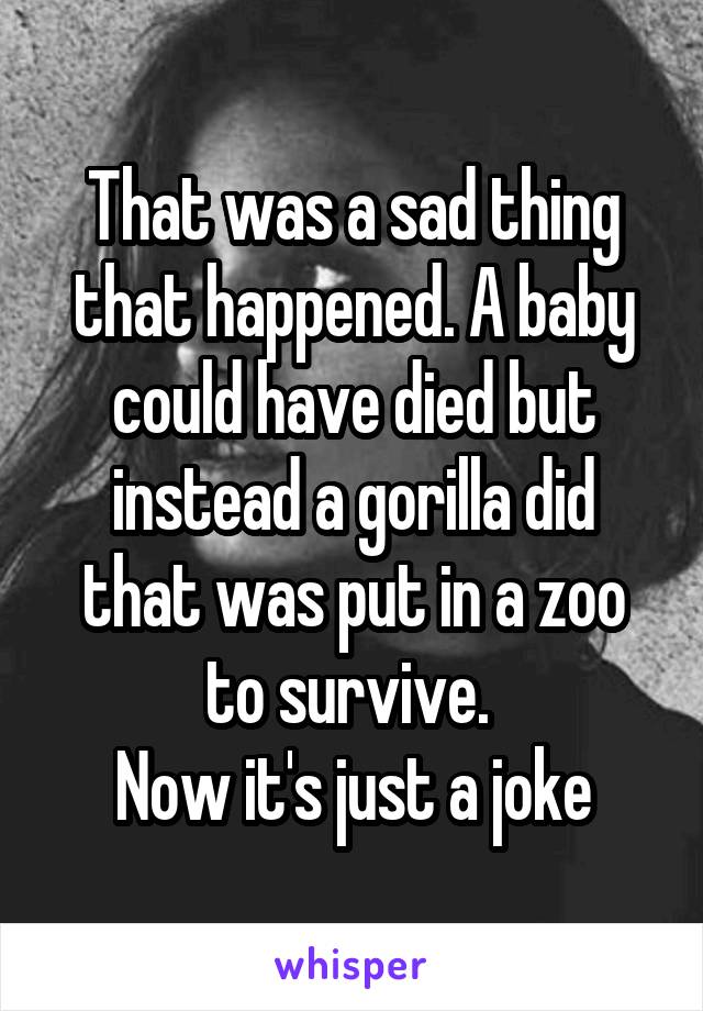 That was a sad thing that happened. A baby could have died but instead a gorilla did that was put in a zoo to survive. 
Now it's just a joke