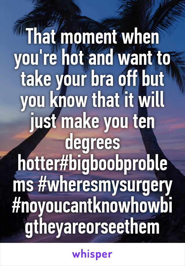 That moment when you're hot and want to take your bra off but you know that it will just make you ten degrees hotter#bigboobproblems #wheresmysurgery #noyoucantknowhowbigtheyareorseethem