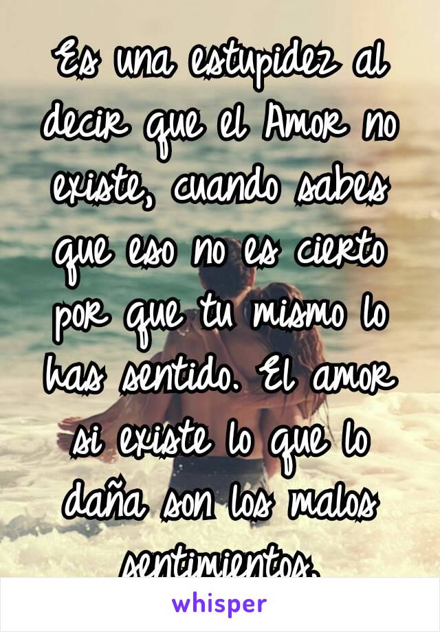 Es una estupidez al decir que el Amor no existe, cuando sabes que eso no es cierto por que tu mismo lo has sentido. El amor si existe lo que lo daña son los malos sentimientos.