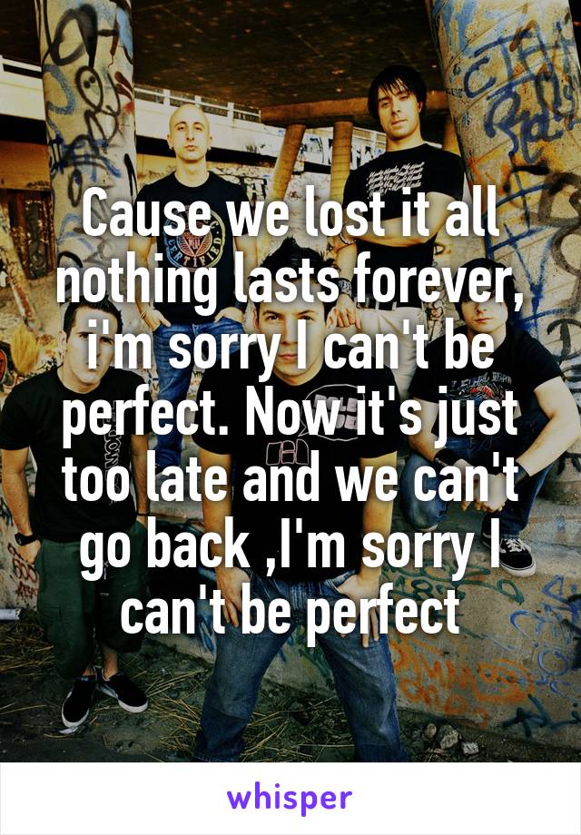 Cause we lost it all nothing lasts forever, i'm sorry I can't be perfect. Now it's just too late and we can't go back ,I'm sorry I can't be perfect