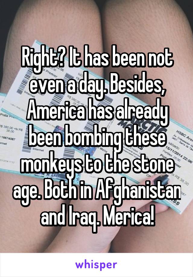 Right? It has been not even a day. Besides, America has already been bombing these monkeys to the stone age. Both in Afghanistan and Iraq. Merica!