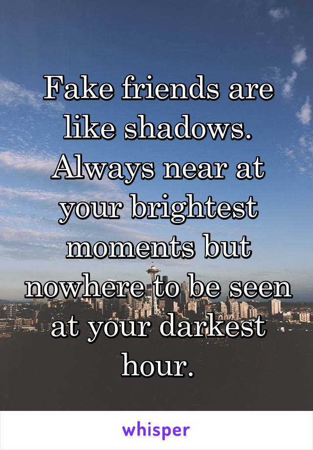Fake friends are like shadows. Always near at your brightest moments but nowhere to be seen at your darkest hour.