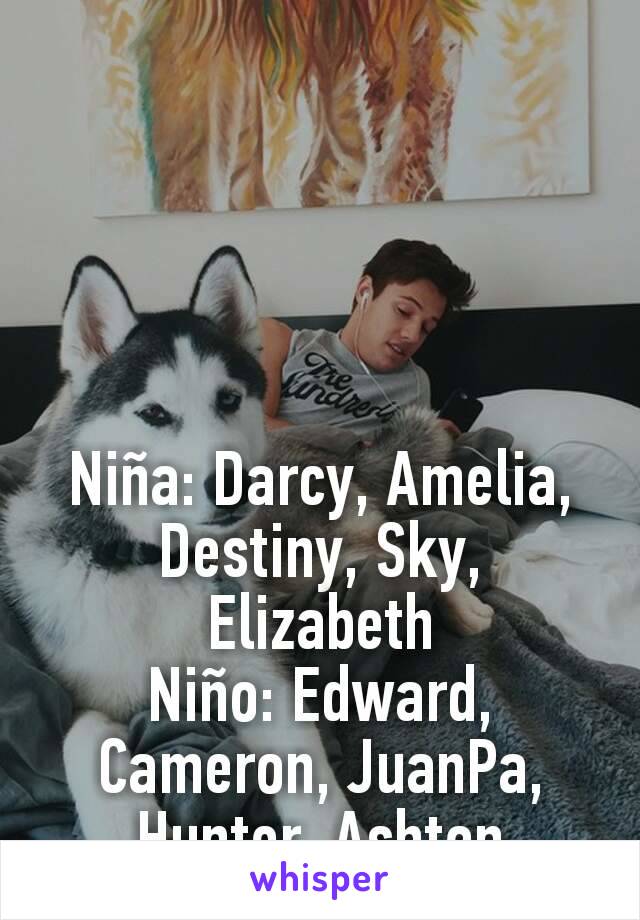 Niña: Darcy, Amelia, Destiny, Sky, Elizabeth
Niño: Edward, Cameron, JuanPa, Hunter, Ashton