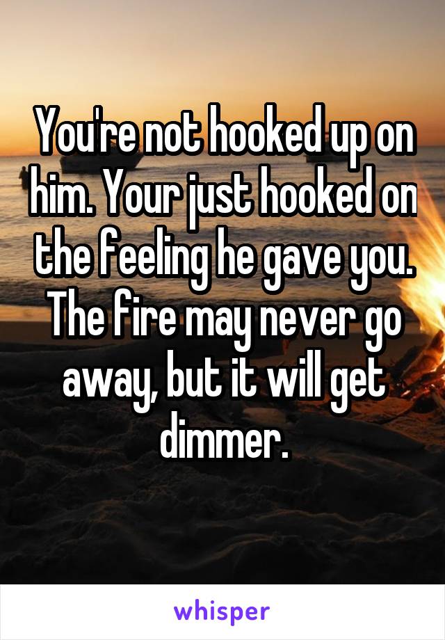 You're not hooked up on him. Your just hooked on the feeling he gave you. The fire may never go away, but it will get dimmer.
