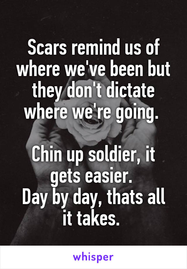 Scars remind us of where we've been but they don't dictate where we're going. 

Chin up soldier, it gets easier. 
Day by day, thats all it takes. 