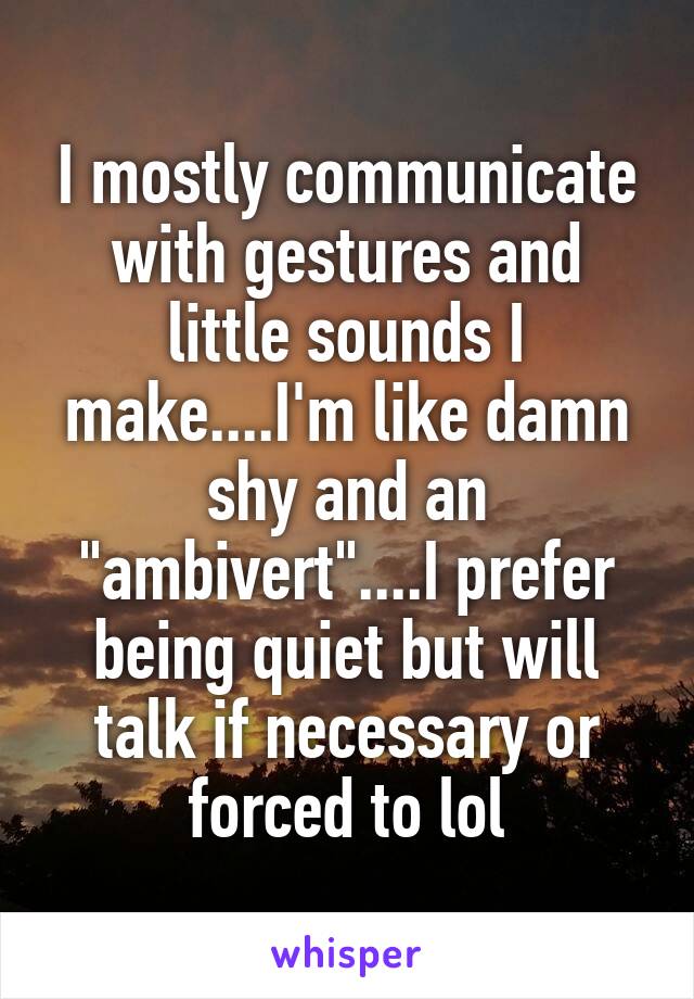 I mostly communicate with gestures and little sounds I make....I'm like damn shy and an "ambivert"....I prefer being quiet but will talk if necessary or forced to lol