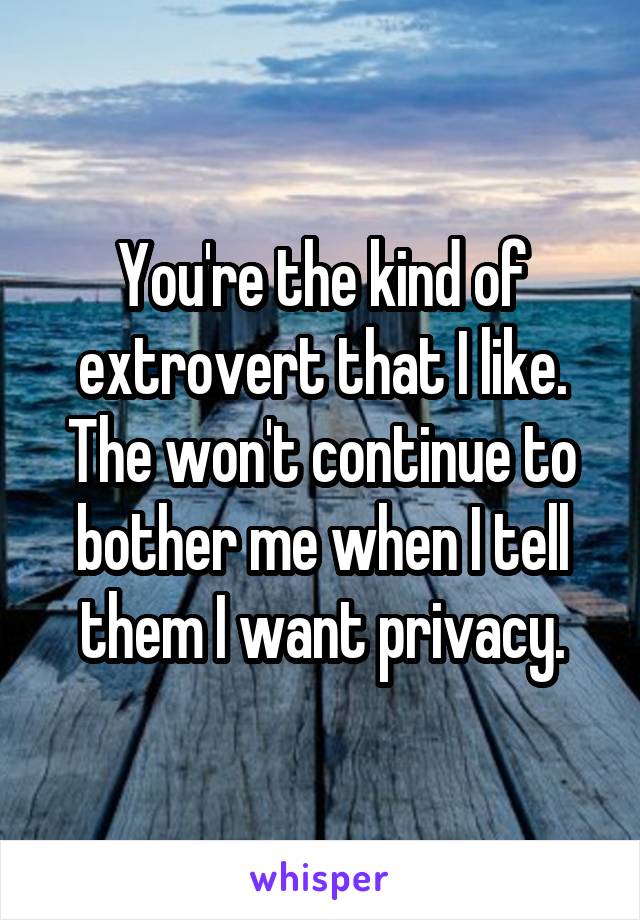 You're the kind of extrovert that I like. The won't continue to bother me when I tell them I want privacy.