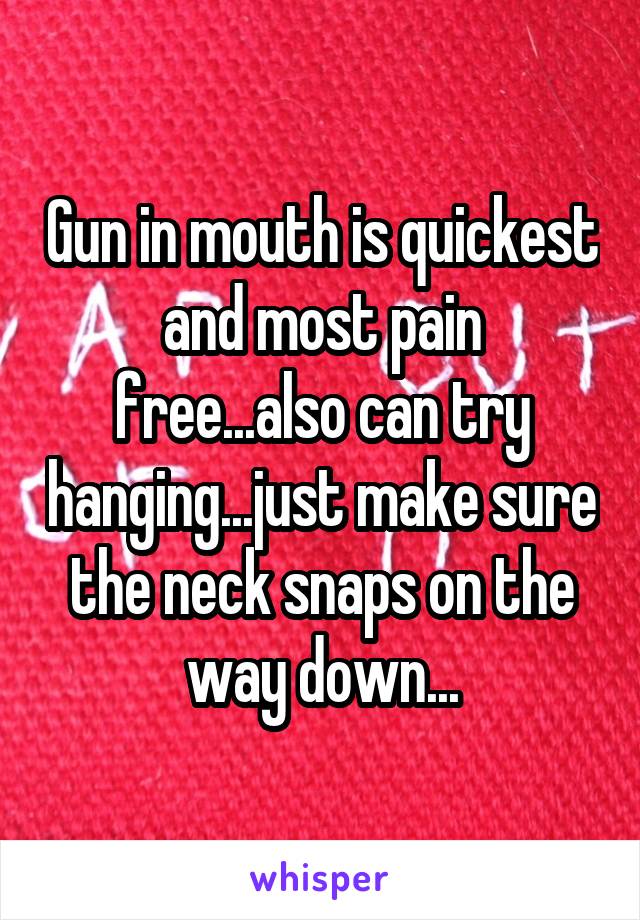 Gun in mouth is quickest and most pain free...also can try hanging...just make sure the neck snaps on the way down...