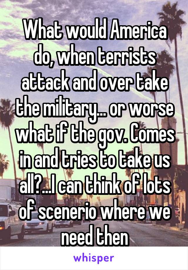 What would America do, when terrists attack and over take the military... or worse what if the gov. Comes in and tries to take us all?...I can think of lots of scenerio where we need then