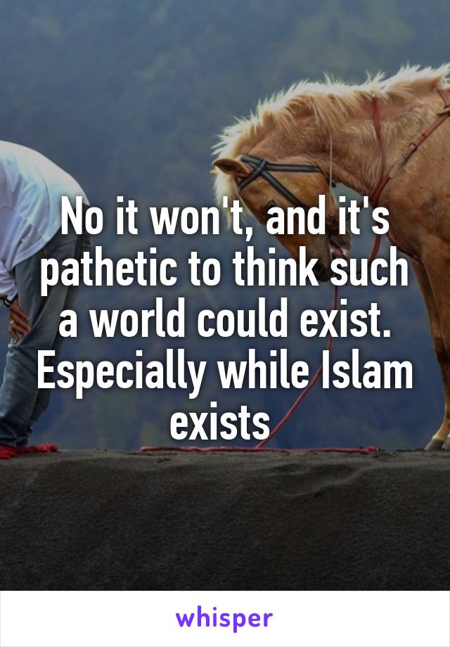 No it won't, and it's pathetic to think such a world could exist. Especially while Islam exists 