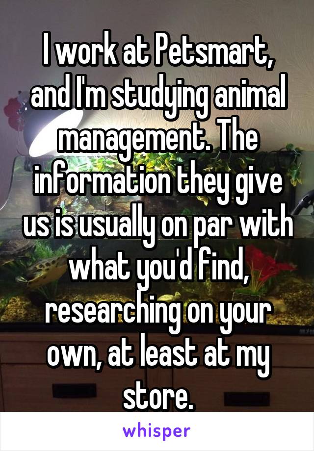 I work at Petsmart, and I'm studying animal management. The information they give us is usually on par with what you'd find, researching on your own, at least at my store.