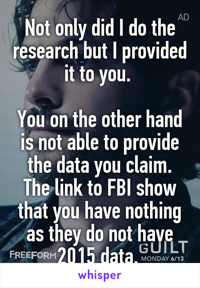 Not only did I do the research but I provided it to you. 

You on the other hand is not able to provide the data you claim. The link to FBI show that you have nothing as they do not have 2015 data. 