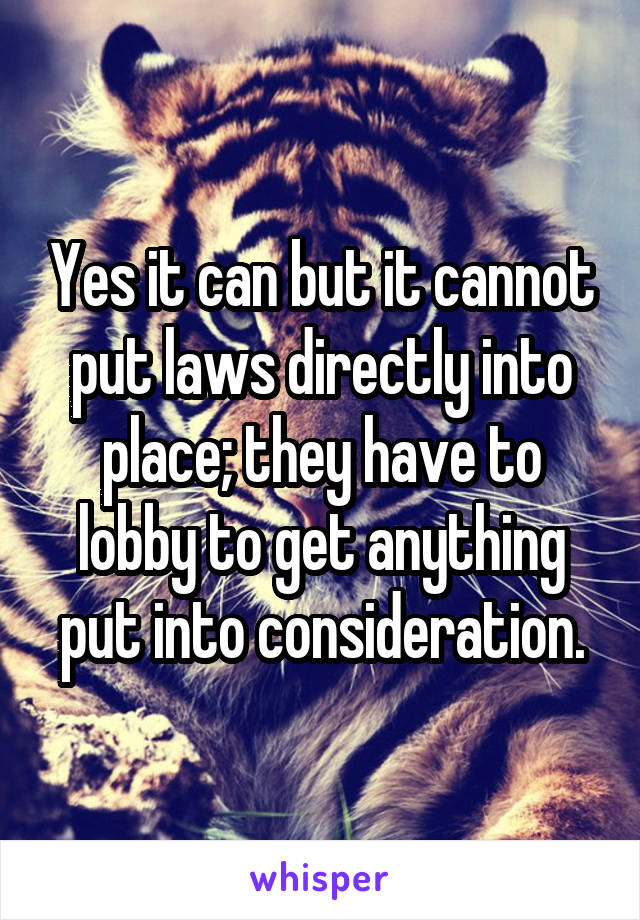 Yes it can but it cannot put laws directly into place; they have to lobby to get anything put into consideration.