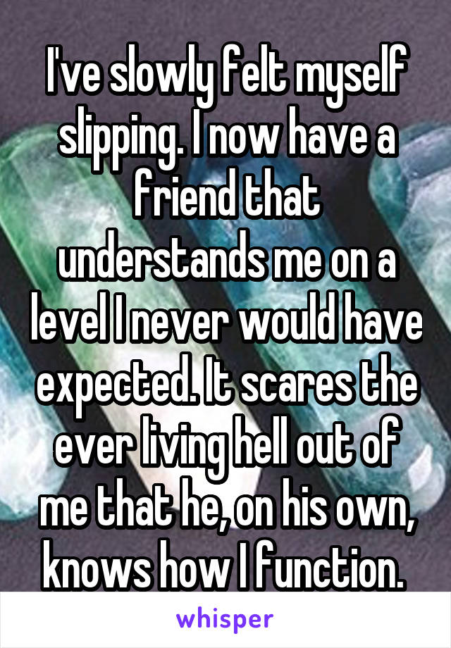 I've slowly felt myself slipping. I now have a friend that understands me on a level I never would have expected. It scares the ever living hell out of me that he, on his own, knows how I function. 