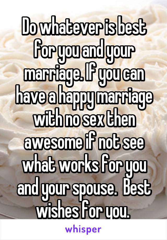 Do whatever is best for you and your marriage. If you can have a happy marriage with no sex then awesome if not see what works for you and your spouse.  Best wishes for you. 