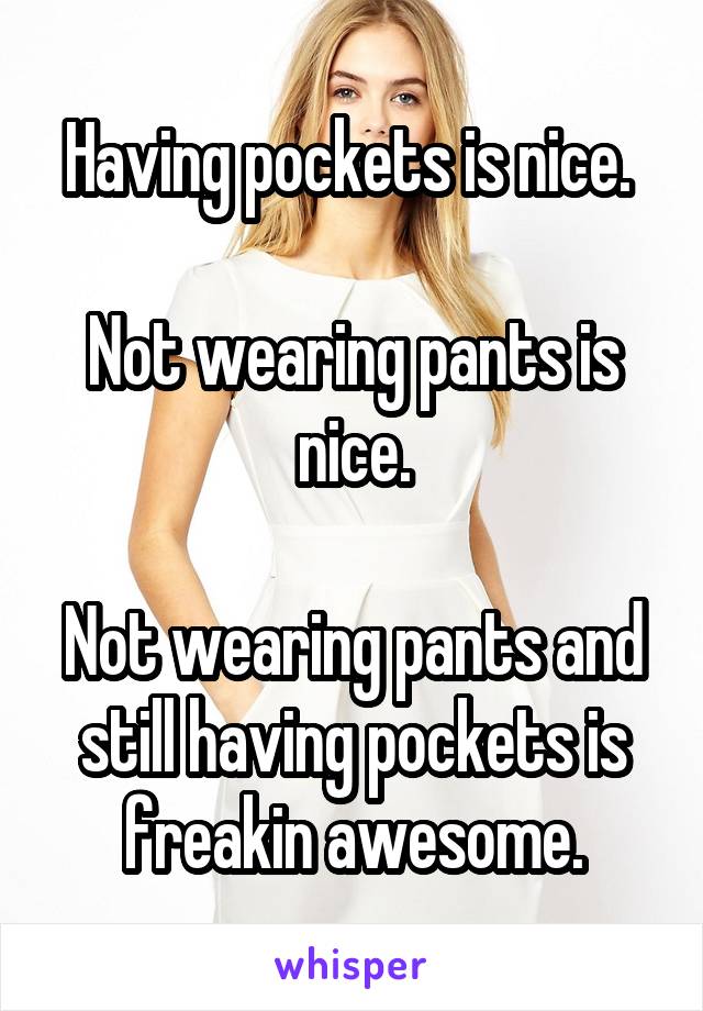 Having pockets is nice. 

Not wearing pants is nice.

Not wearing pants and still having pockets is freakin awesome.