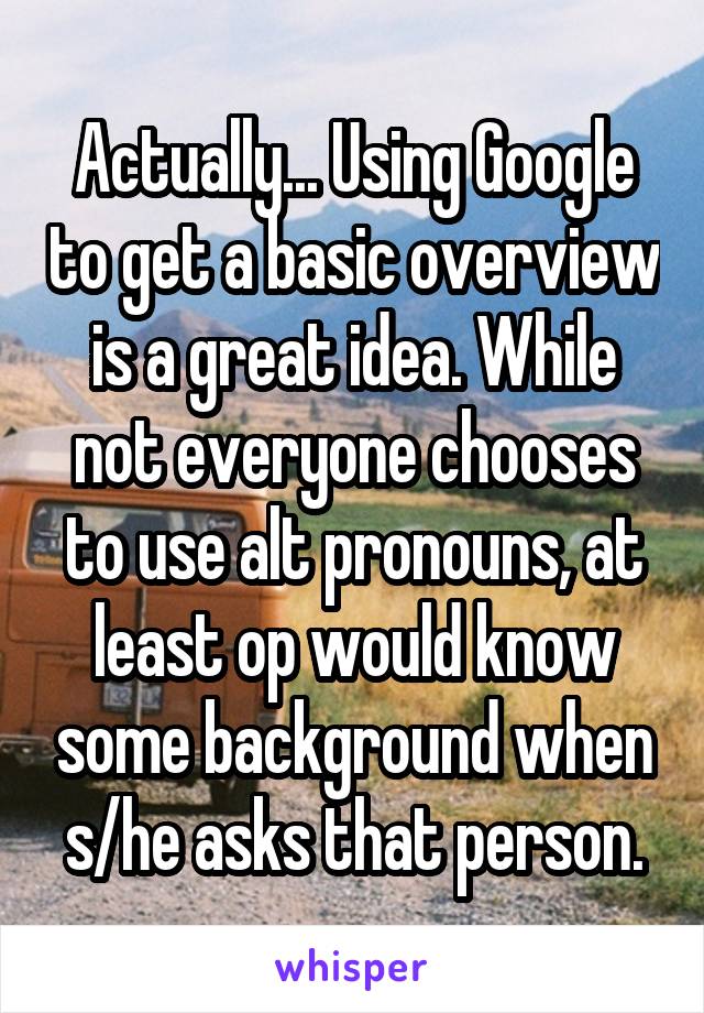 Actually... Using Google to get a basic overview is a great idea. While not everyone chooses to use alt pronouns, at least op would know some background when s/he asks that person.