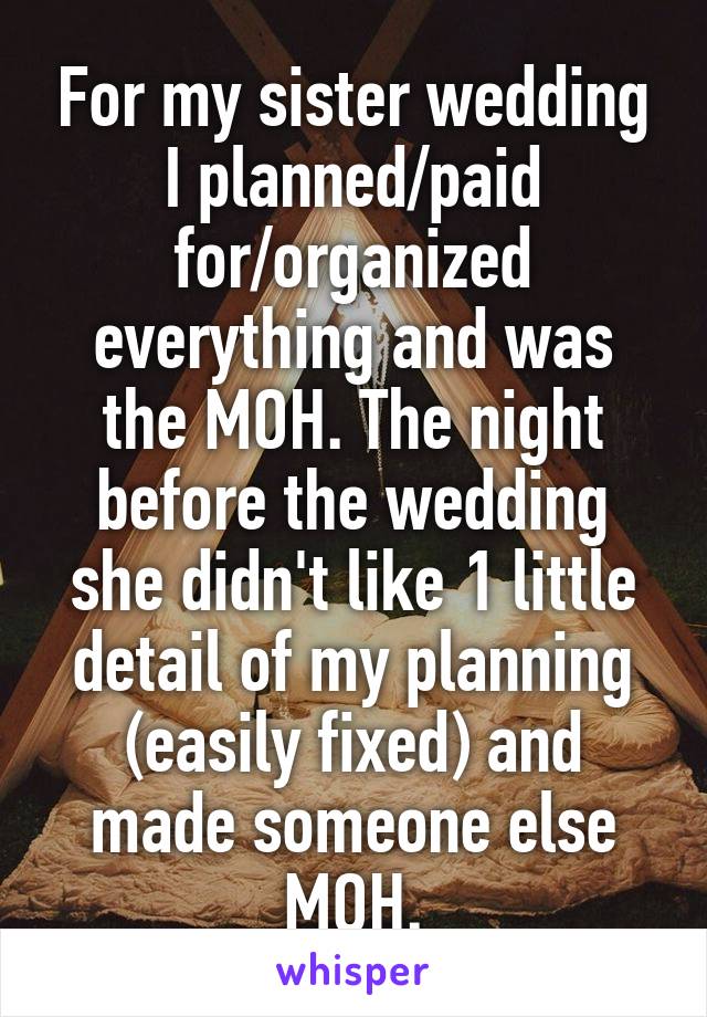 For my sister wedding I planned/paid for/organized everything and was the MOH. The night before the wedding she didn't like 1 little detail of my planning (easily fixed) and made someone else MOH.